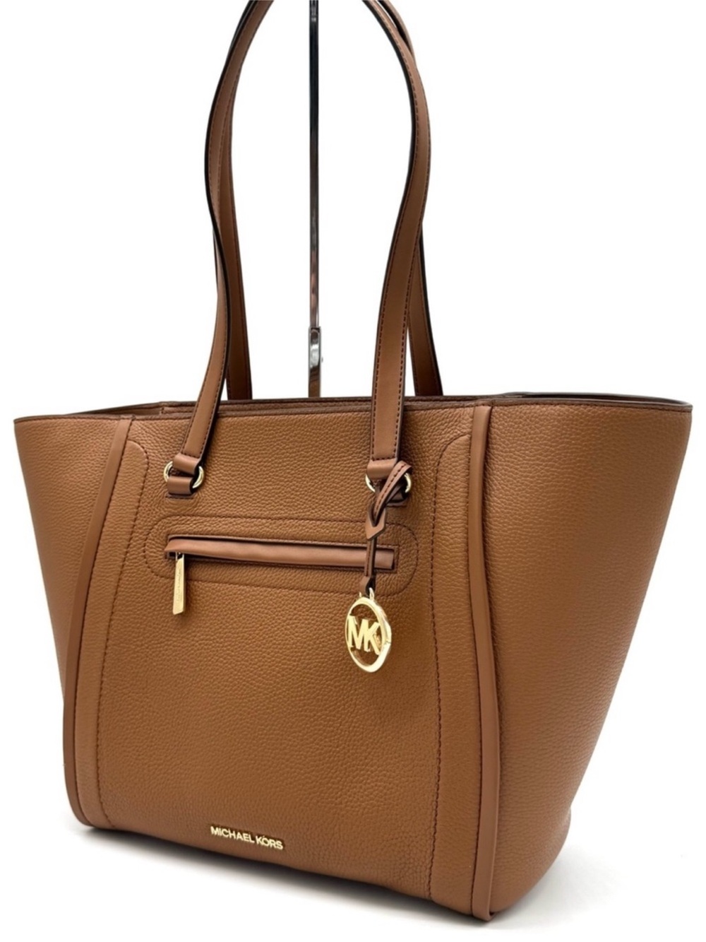 MICHAEL KORS Carine Front Zip Leather Large Tote Bag Luggage Brown